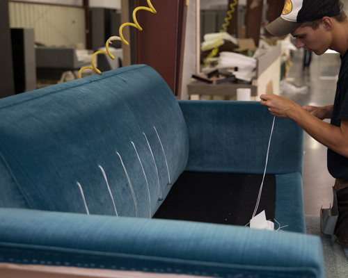 NC Furniture Manufacturer Younger Furniture Factory Applying Buttons on Upholstery